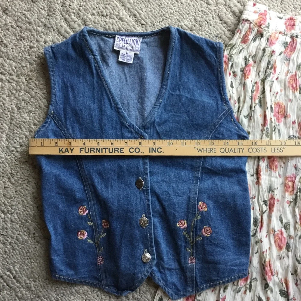 Girls Blue Denim Vest with Floral Pleated Skirt